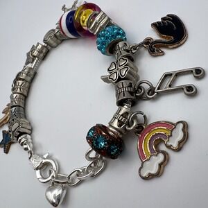 Silver‎ Tone European Charm Bracelet Mixed Glass Beads Rainbow Unicorn